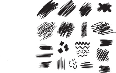 Grunge scrawls, charcoal scribbles, rough brush strokes, underlines strikethroughs. Bold charcoal freehand stripes and ink shapes. Crayon or marker scribbles. Vector illustration.