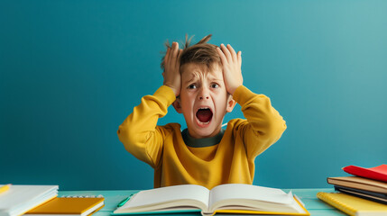 Distressed schoolboy pulling hair and yelling over open textbooks, isolated on a blue background, illustrating the frustration and challenges of difficult homework tasks