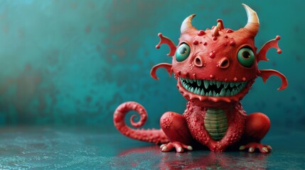 A 3D rendered red dragon with green eyes and a curled tail sits on a teal background.