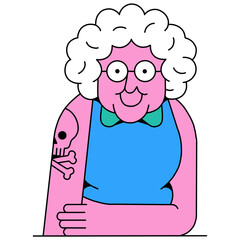 Pink-Skinned Old Woman with Skull Tattoo Illustration