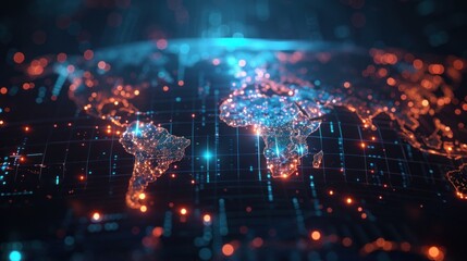 Naklejka premium Digital World Map with Glowing Cities