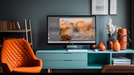 Panoramic shot of a modern living room with a computer and orange sofa