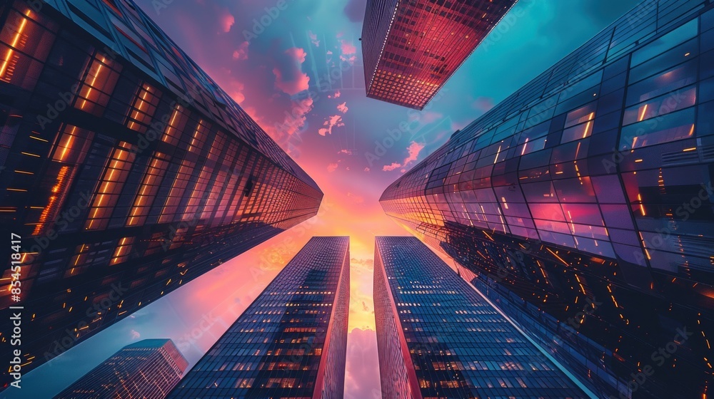 Poster Cityscape at Sunset with Skyscrapers Reflecting Light