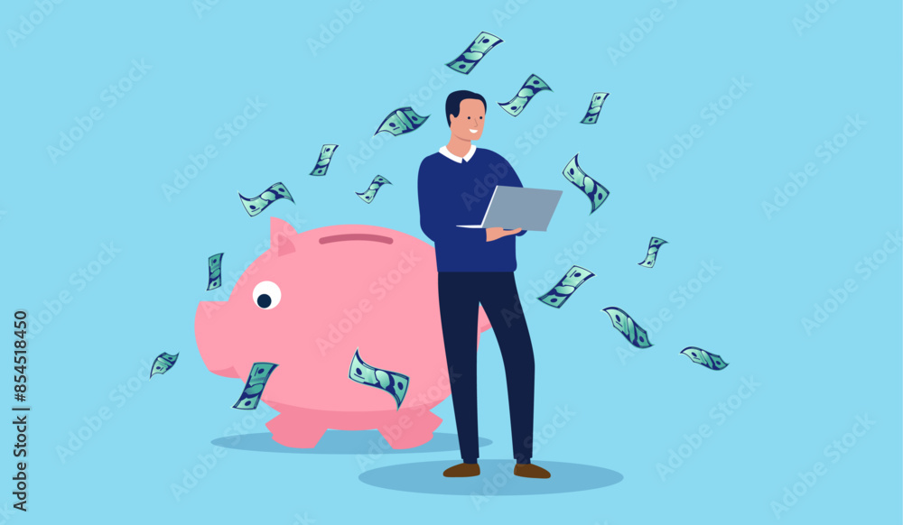 Poster saving money - man with piggy bank and computer managing savings and earnings into account concept. 
