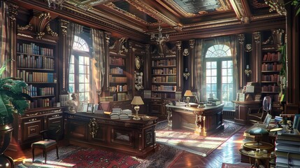 Luxurious Library with Sunlight Streaming Through Windows