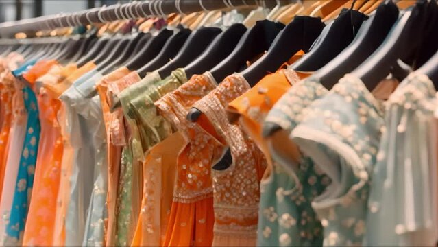 Indian Women's Fashion Dresses on Display in a Retail Store. Concept Indian Fashion, Women's Clothing, Retail Store, Traditional Dresses, Colorful Apparel
