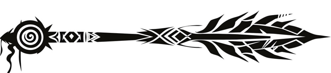 Minimalist Tribal Arrow with Spirals in Clip Art Style on White Background