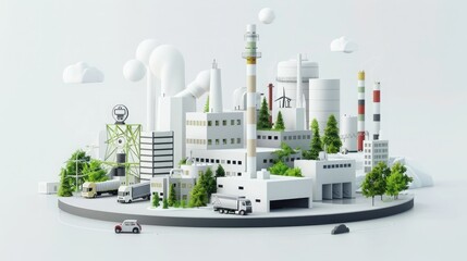Fototapeta premium 3D illustration of an industrial cityscape with factories, trucks, and green spaces, showcasing a clean, modern industrial environment.