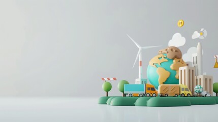 3D illustration of sustainable city development with wind turbine, green energy, eco-friendly transportation, and environmental conservation.