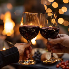 Happy friends toasting red wine glasses outside - Group of young people having bbq dinner party in backyard house - Winery and bbq dining concept with