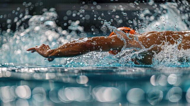 A swimmer executing a flawless flip turn at the pool wall, their body coiled in a tight somersault. The dynamic motion is captured mid-turn, with water splashing around them. The pool's lanes and