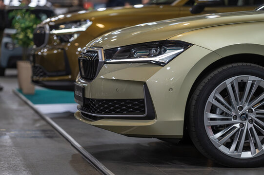 LED headlights and car design closeup of nev Skoda Superb, model 2024