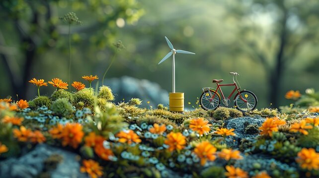A miniature wind turbine and bicycle in a vibrant garden