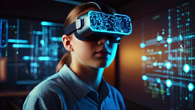 This is a video of a young woman wearing a virtual reality headset.