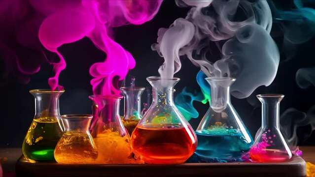Colorful chemistry experiment with smoke in test tube and glass bottle. Concept Chemistry Experiment, Smoke, Test Tube, Glass Bottle, Colorful Reactions