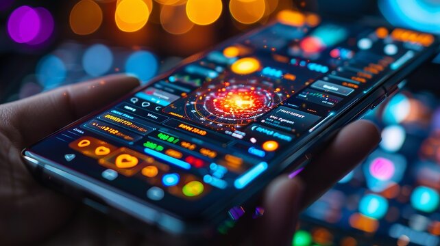 Hand Holding a Smartphone with Futuristic Interface