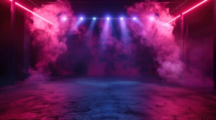 An empty dark scene, neon light, spotlights, The asphalt floor and studio room with smoke float up the interior