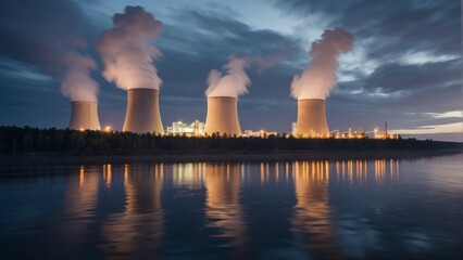 Rendering of a nuclear power plant with floating turbines and air coolers
