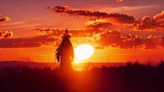 Portrayal of a Native American chief set against a sunset scenery. Concept Native American Culture, Sunset Silhouettes, Traditional Garb, Tribal Representation, Indigenous People