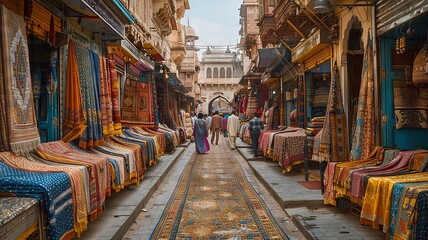 Busy street market with vibrant fabrics and traditional architecture