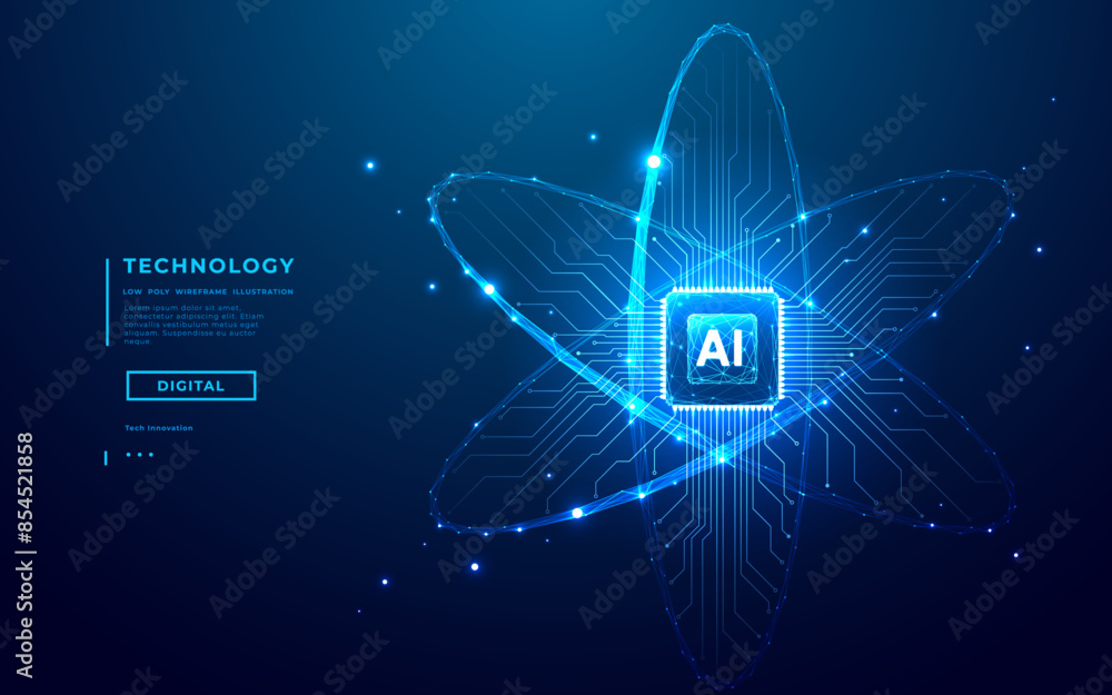 Fototapete Ai chip and abstract digital atom icon on technology background. Science tech bg. Circuit light lines and cpu processor. Artificial Intelligence innovation concept. 3D wireframe vector illustration.