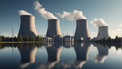 Rendering of a nuclear power plant with floating turbines and air coolers