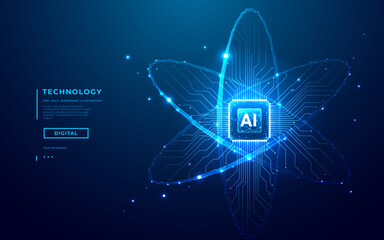 Ai chip and abstract digital atom icon on technology background. Science tech bg. Circuit light lines and cpu processor. Artificial Intelligence innovation concept. 3D wireframe vector illustration.