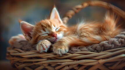 A kitten sleeping comfortably in a basket img