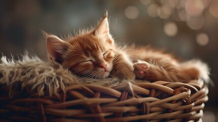 A kitten sleeping comfortably in a basket