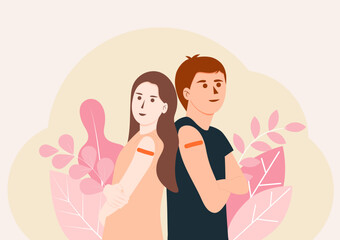 Young couple showing gesture and shows off an orange bandage after getting vaccine. Vector cartoon illustration.