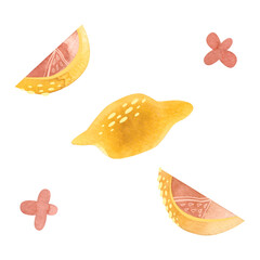 Set of lemons: whole lemon, two lemon slices, lemon flowers. Clipart. Isolated watercolor illustration on a white background for the design of tea shops, coffee shops, menus, sweets packaging