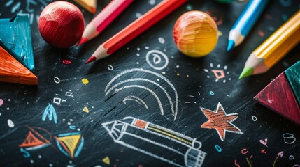 Fototapeta na wymiar A close-up image of colorful pencils and chalk drawings on a black background. The image is perfect for promoting back-to-school supplies, art education, and creative learning. Back to school