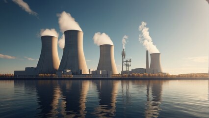 Rendering of a nuclear power plant with floating turbines and air coolers