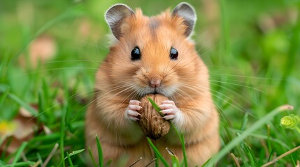 A hamster holding a nut against picture