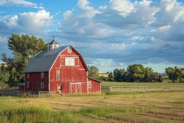 Obraz premium Rustic red barn with green fields
