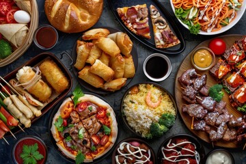Diverse international food spread on dark table