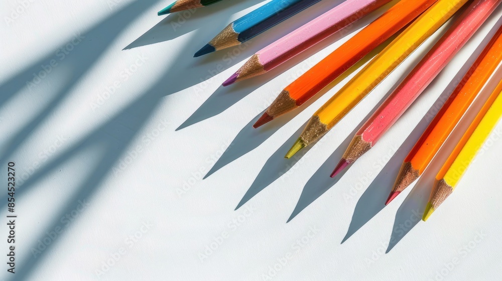 Poster colorful pencils casting shadows on a white background with sunlight representing creativity design 