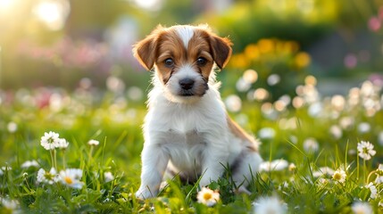 The puppy sits in a green meadow