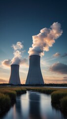 Rendering of a nuclear power plant with floating turbines and air coolers