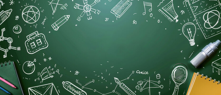 An overhead view of a green chalkboard with white chalk drawings of school supplies and symbols. Back to school