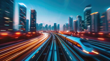 Futuristic Maglev Train Speeding Through a Modern Illuminated City Skyline at Night with Skyscrapers Highways and Blurred Lights Representing the Energy Innovation and Progress of a Bustling