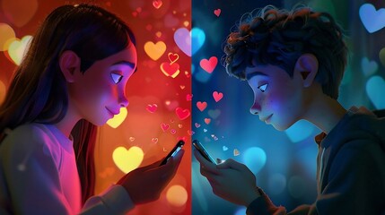 Obraz premium Young couple connects through mobile devices with floating hearts for online romance or dating.