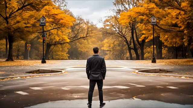 Person at crossroads with large question mark symbolizing indecision and uncertainty. Concept Crossroads, Decision Making, Uncertainty, Choices, Question Mark