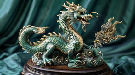 Fototapeta premium Stunning Jade Dragon Sculpture with Gold Accents, Generative AI