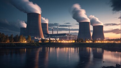Rendering of a nuclear power plant with floating turbines and air coolers