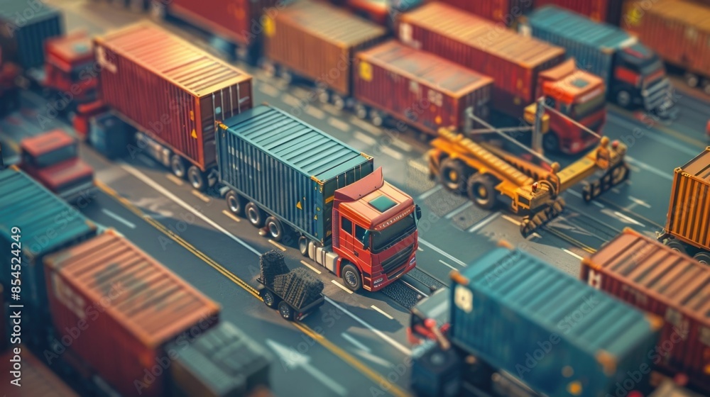 Poster aerial panoramic view of a large scale logistics hub with cargo containers being loaded and unloaded