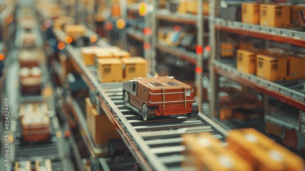 Poster automated warehouse interior with robotic arms and conveyor belts efficiently sorting and moving pac