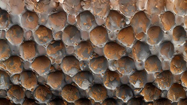 A hammered metal surface with a dimpled texture resembling the surface of a golf ball.