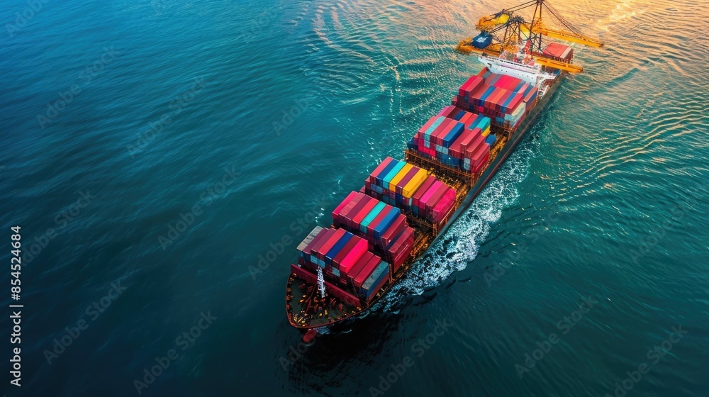 Poster aerial drone shot showcasing a large cargo ship navigating through a bustling commercial port with m