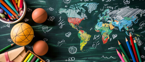 Obraz premium A close-up image of a green chalkboard with a colorful chalk drawing of a world map. The map is surrounded by various school supplies such as pencils, crayons, and a globe. Back to school